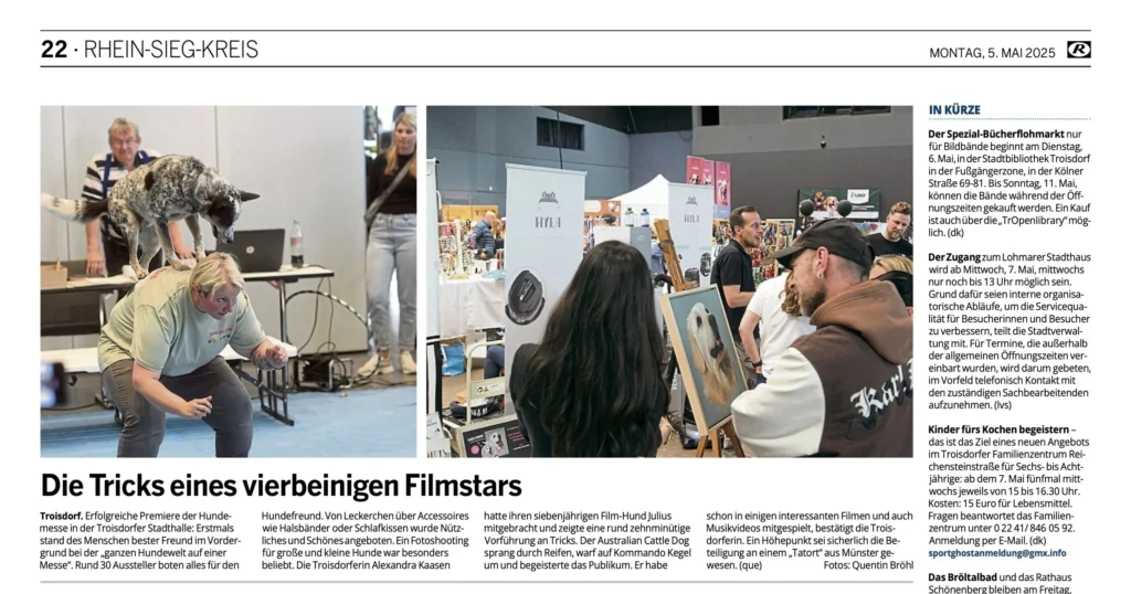 Cornelia Zink Presseartikel Hundemesse Troisdorf 2025. Handgemalte Haustierporträts.